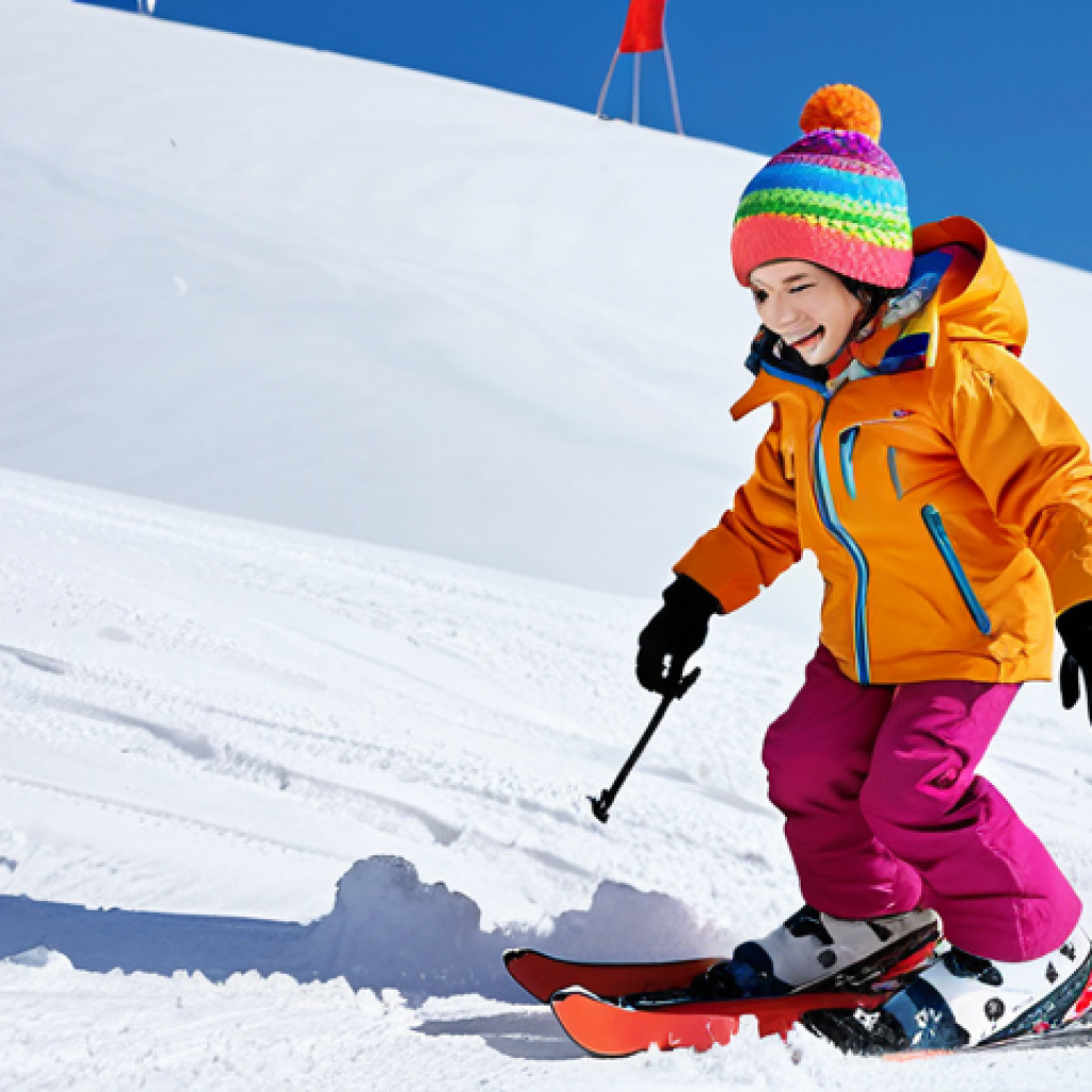 A child in brightly colored, comfortable ski attire (jacket, pants, gloves, hat), happily skiing down a snowy slope. Focus on practical design and visible, safe clothing.