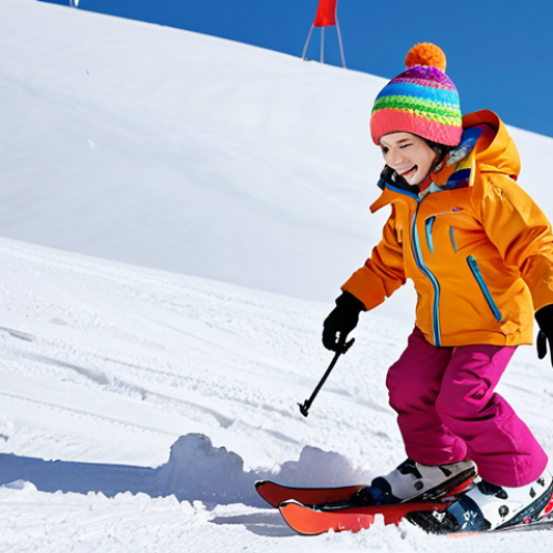 A child in brightly colored, comfortable ski attire (jacket, pants, gloves, hat), happily skiing down a snowy slope. Focus on practical design and visible, safe clothing.