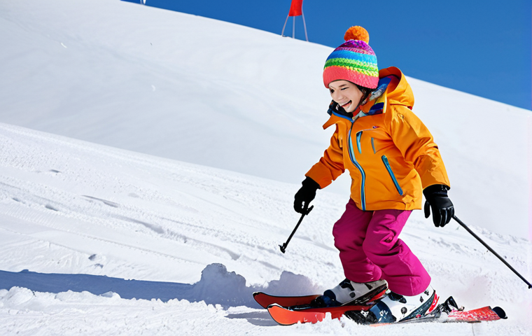 A child in brightly colored, comfortable ski attire (jacket, pants, gloves, hat), happily skiing down a snowy slope. Focus on practical design and visible, safe clothing.